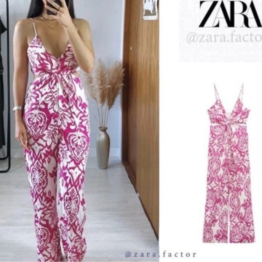 Zara Pink Floral Jumpsuit with Cut Out and Wide-Leg Design